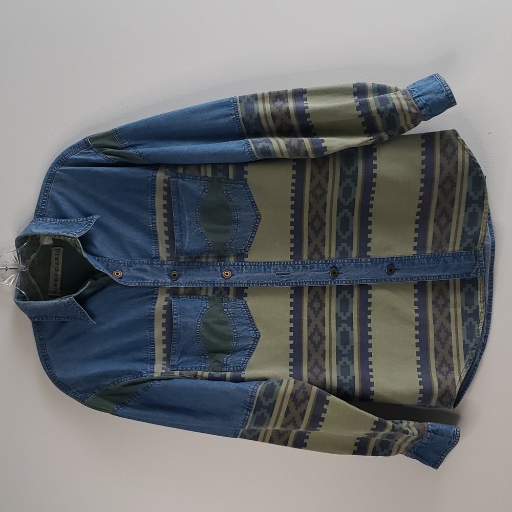 Vintage Friday chambray‎ and tribal print button front shirt